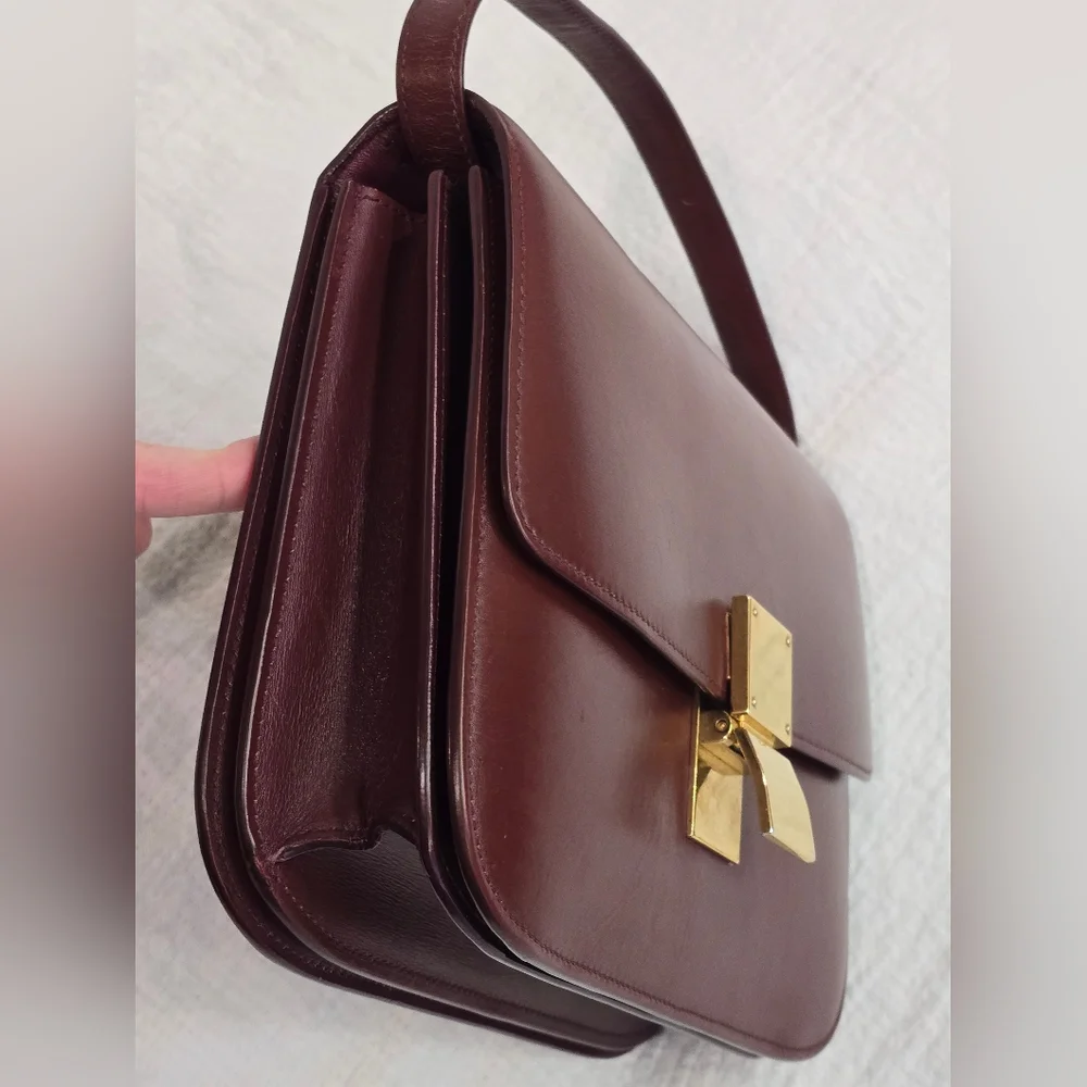 Celine Classic Box Leather Medium Bag Flap Purse Teen Triomphe Burgandy Brown - Picture 13 of 16